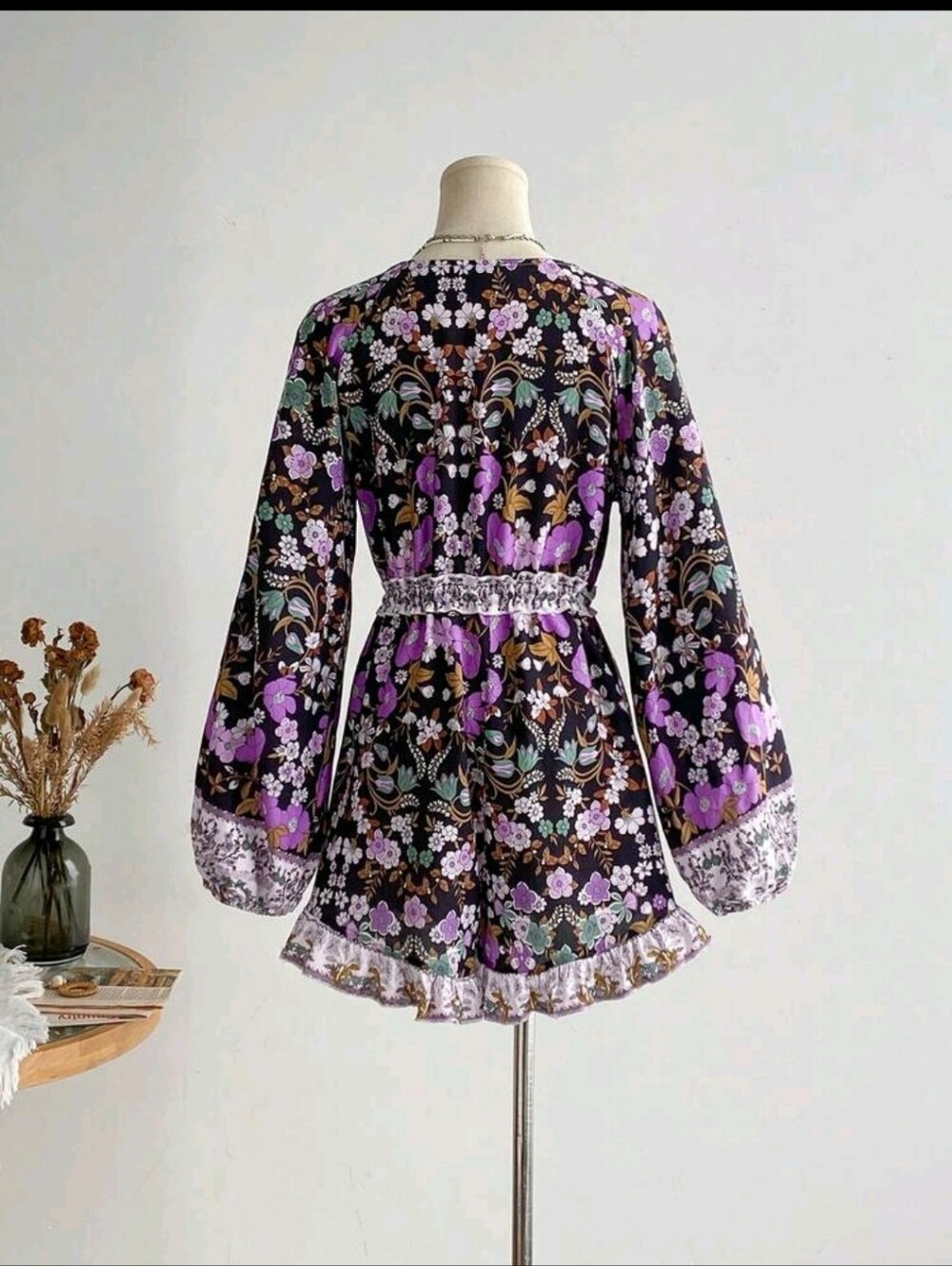 Purple Floral Boho V-Neck Peasant Romper - Picture 5 of 16